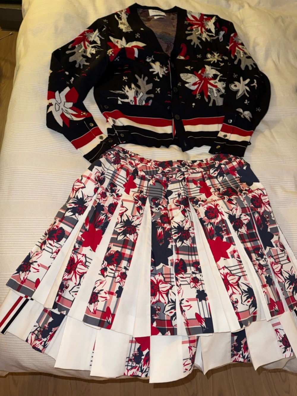 Thom Browne Floral Plaid Pleated Skirt and Embellished Cardigan Set